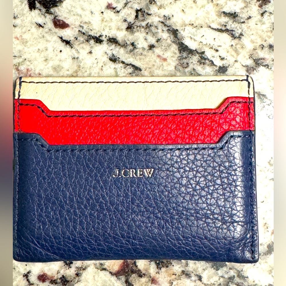 J. Crew Tricolor Leather Card Case in Navy, Red & Cream